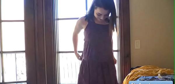 Sexy teen brunette amateur Kylie tries different dresses and reveal her juicy pussy and booty